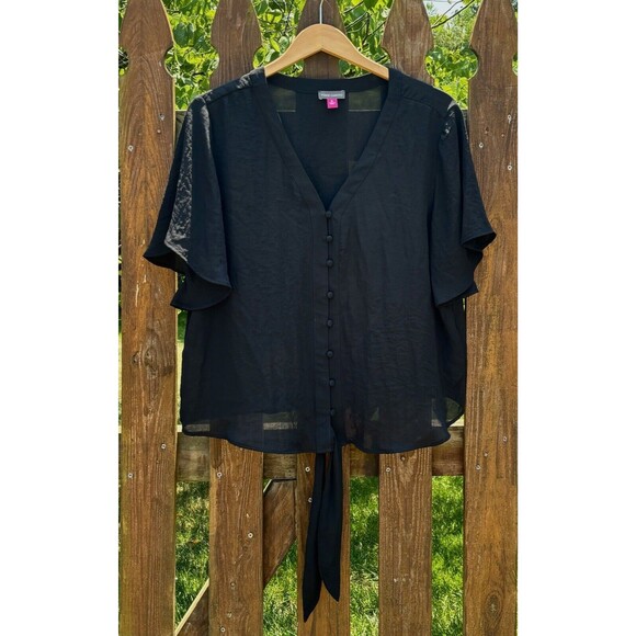 Vince Camuto Black Short Sleeve, V Neck, Button-Down Tied Waist Blouse XL - Picture 1 of 4